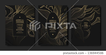 Luxury gala invitation, black background, elegant gold floral line pattern with leaves, branches. Premium vector design for wedding invitations, gala dinners, anniversary or birthday cards Luxury gala invitation, black background, elegant gold floral line pattern with leaves, branches. Premium vector design for wedding invitations, gala dinners, anniversary or birthday cards 136944586