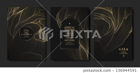 Luxury gala invitation, black background, elegant gold floral line pattern with leaves, branches. Premium vector design for wedding invitations, gala dinners, anniversary or birthday cards Luxury gala invitation, black background, elegant gold floral line pattern with leaves, branches. Premium vector design for wedding invitations, gala dinners, anniversary or birthday cards 136944591