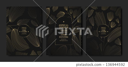 Luxury gala invitation, black background, elegant gold floral line pattern with leaves, branches. Premium vector design for wedding invitations, gala dinners, anniversary or birthday cards 136944592