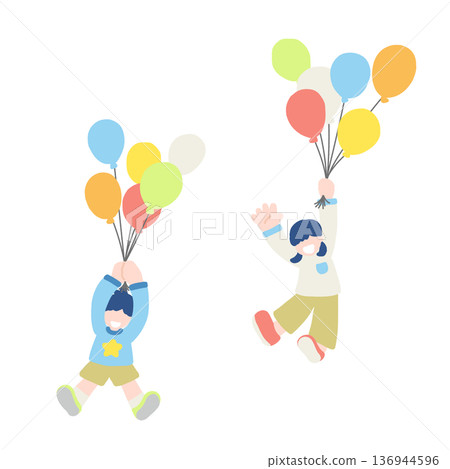 Flat illustration of two children flying with balloons Flat illustration of two children flying with balloons 136944596
