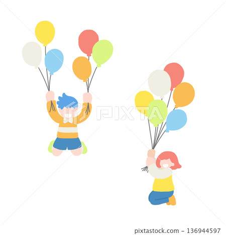 Flat illustration of two children flying with balloons 136944597