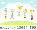 Flat illustrations (set) of children having fun outside holding onto balloons and flying 136944599