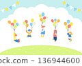 Flat illustrations (set) of children having fun outside holding balloons and flying with garlands 136944600