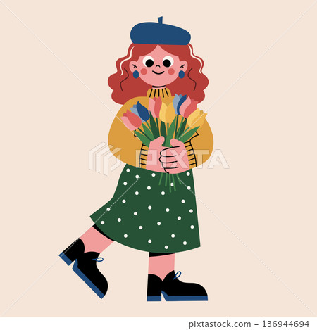 Cheerful woman holding a beautiful bouquet of spring tulips, vector illustration with bright colors, perfect for seasonal greeting cards and florist marketing 136944694