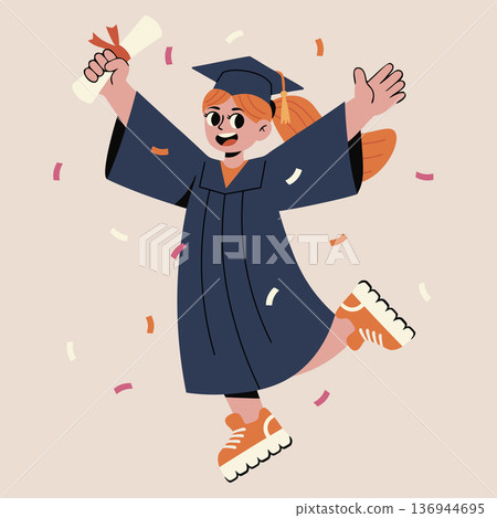 Joyful female graduate leaping in the air with diploma in hand, surrounded by colorful confetti. Perfect for graduation announcements and celebration themes Joyful female graduate leaping in the air with diploma in hand, surrounded by colorful confetti. Perfect for graduation announcements and celebration themes 136944695