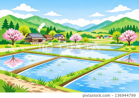 Spring rice field, rural landscape, Satoyama landscape, before rice planting, April, vector style 136944799