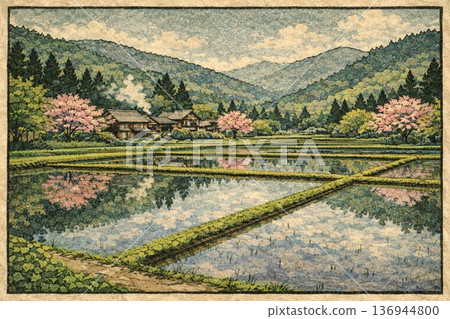春稻田，鄉村景色，里山風景，插秧前，四月，木版畫風格 136944800