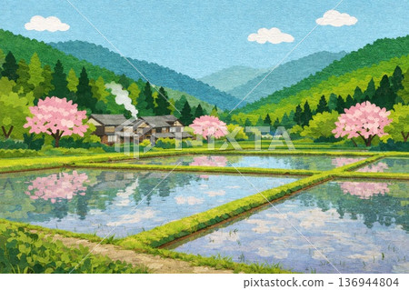 春稻田，鄉村景色，里山風景，插秧前，四月，拼貼風格 136944804