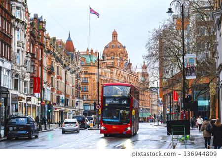 Knightsbridge, London, lined with luxury department stores (some parts soft focus) 136944809