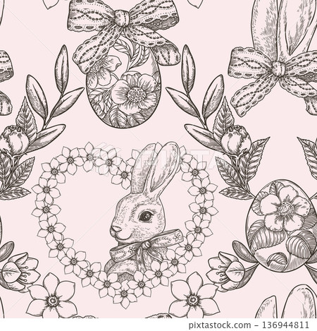 Seamless pattern with funny rabbit soft Easter background. Hand drawn vector grid design in vintage sketch style. Floral outline art print ideal for wallpaper. Perfect for holiday fabric and paper. Seamless pattern with funny rabbit soft Easter background. Hand drawn vector grid design in vintage sketch style. Floral outline art print ideal for wallpaper. Perfect for holiday fabric and paper. 136944811
