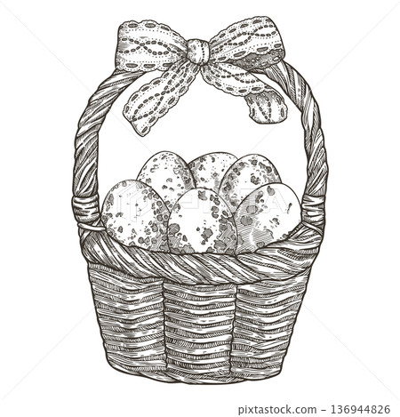 Easter egg woven basket line art in vintage sketch style. Lace ribbon bow and speckled shell. Hand drawn vector illustration. Ideal for holiday card invitation design. Cute design for springtime hunt. Easter egg woven basket line art in vintage sketch style. Lace ribbon bow and speckled shell. Hand drawn vector illustration. Ideal for holiday card invitation design. Cute design for springtime hunt. 136944826