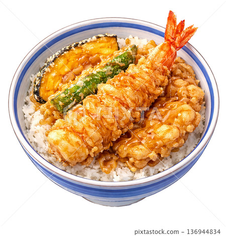 水彩風格日式天婦羅蝦碗插畫素材 136944834