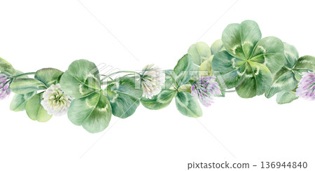 Seamless border of shamrocks and four leaves,lilac and white flowers.Watercolor ilustration,symbolizing luck and new beginnings,for wedding invitations,bridal party decor,romantic celebrations Seamless border of shamrocks and four leaves,lilac and white flowers.Watercolor ilustration,symbolizing luck and new beginnings,for wedding invitations,bridal party decor,romantic celebrations 136944840