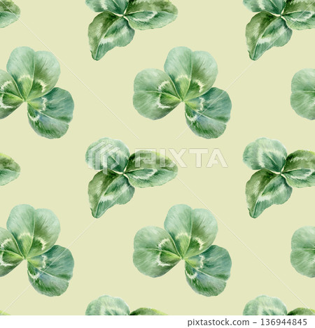 Shamrock clover in seamless pattern,Irelands national symbol embodying Christian faith,virtue,triad of hope,faith,love.Soft watercolor for religious themes,cultural projects,symbolic festive Shamrock clover in seamless pattern,Irelands national symbol embodying Christian faith,virtue,triad of hope,faith,love.Soft watercolor for religious themes,cultural projects,symbolic festive 136944845