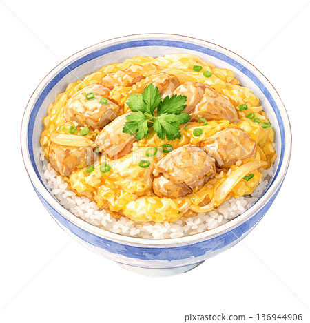 蓬鬆蛋親子丼水彩風格日式料理碗插畫素材 136944906