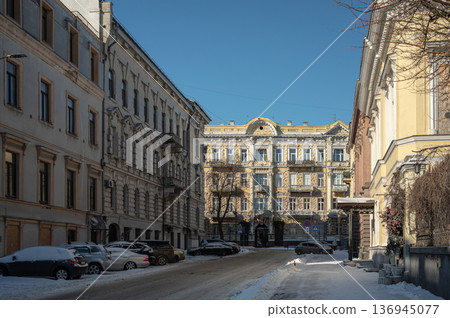 Snowy winter cityscape of UNESCO historic center of Odessa, Ukraine 136945077
