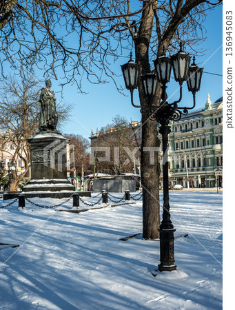 Snowy winter cityscape of UNESCO historic center of Odessa, Ukraine 136945083