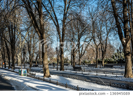 Snowy winter cityscape of UNESCO historic center of Odessa, Ukraine 136945089