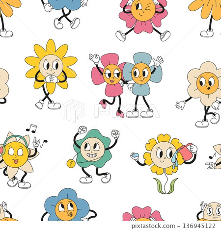 Retro chamomile characters seamless pattern. Cartoon funny flowers, blossom daisy different emotions. Groovy print for fabric, textile, wallpaper, vector background Retro chamomile characters seamless pattern. Cartoon funny flowers, blossom daisy different emotions. Groovy print for fabric, textile, wallpaper, vector background 136945122