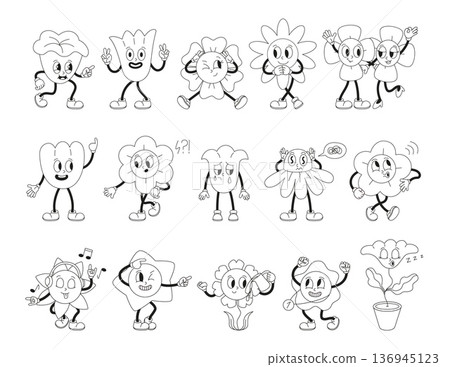 Funny groovy floral characters different emotions. Coloring flowers elements, blooming character different poses. Chamomile daisy tulip, retro style vector mascots Funny groovy floral characters different emotions. Coloring flowers elements, blooming character different poses. Chamomile daisy tulip, retro style vector mascots 136945123