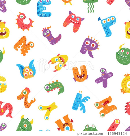 Cute monsters seamless pattern. Letters monster, funny childish mascots. Decorative crayon drawing design, fabric, textile print vector template Cute monsters seamless pattern. Letters monster, funny childish mascots. Decorative crayon drawing design, fabric, textile print vector template 136945124