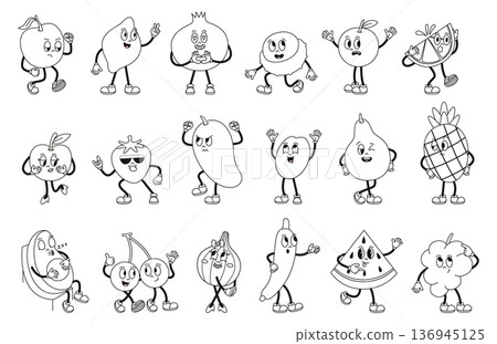 Coloring fruit characters. Funny groovy watermelon, apple, cherries, retro fruits different moods. Emotional children mascots, fresh harvest, vector clipart Coloring fruit characters. Funny groovy watermelon, apple, cherries, retro fruits different moods. Emotional children mascots, fresh harvest, vector clipart 136945125