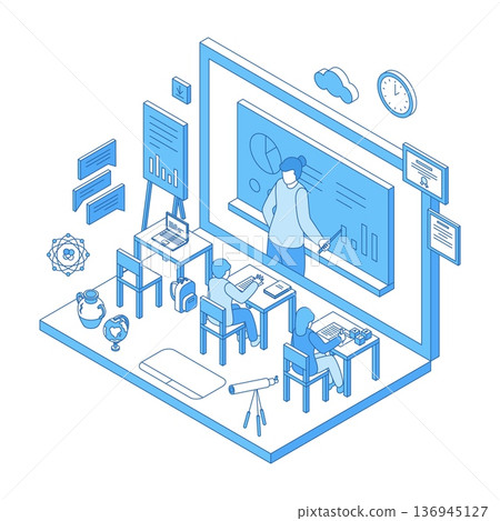 Isometric online school concept. Digital studying for students, pupils. Teacher on screen, children sitting at desk. Video lecture, workshop, nifty vector scene Isometric online school concept. Digital studying for students, pupils. Teacher on screen, children sitting at desk. Video lecture, workshop, nifty vector scene 136945127