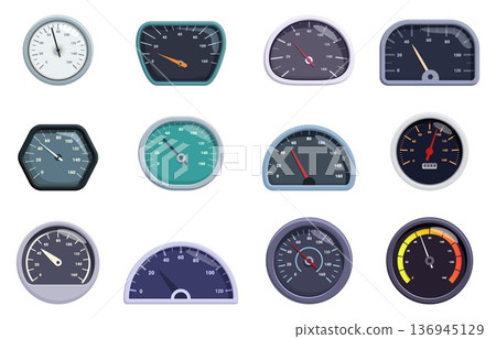 Cartoon speedometer. Car dashboard elements for speed measuring. Odometers, power and acceleration measurement, rpm indicators, sapid vector clipart 136945129