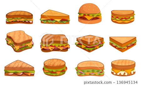 Cartoon sandwiches. Sandwich with roast bread slices, ham, green salad, cheese, tomatoes. Fresh snack from home, cafe, supermarket, food sapid vector set Cartoon sandwiches. Sandwich with roast bread slices, ham, green salad, cheese, tomatoes. Fresh snack from home, cafe, supermarket, food sapid vector set 136945134