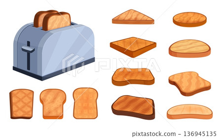 Cartoon bread toast slices. Roasted breads and toast maker. Kitchen appliances for breakfast preparation, sandwiches ingredient, sapid vector clipart 136945135
