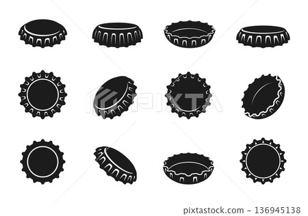 Black bottle caps silhouettes. Different cap for glass bottles, metal lids broken and crumpled. Circle covers silhouette for beverages, beer, soda, sapid vector clipart Black bottle caps silhouettes. Different cap for glass bottles, metal lids broken and crumpled. Circle covers silhouette for beverages, beer, soda, sapid vector clipart 136945138