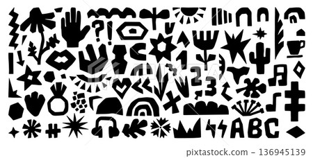 Cut out paper shapes. Giant hand drawn cutout collection with nature floral elements, heart, abc letters, coffee mug, abstract figures. Isolated neoteric vector design kit 136945139