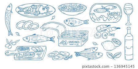 Doodle italian seafood. Shrimps, mussels, cheese and meat place, wine lemon, fresh salad. Beachcoast restaurant menu, delicious food, neoteric vector set Doodle italian seafood. Shrimps, mussels, cheese and meat place, wine lemon, fresh salad. Beachcoast restaurant menu, delicious food, neoteric vector set 136945145