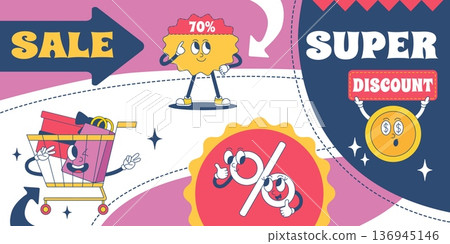 Retro sale banner. Groovy characters discount banner for market, store, supermarket ad promotion. Funny sticker, percents, golden coin, basket, neoteric vector background 136945146