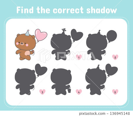 Find correct bear shadow. Development and educational play for toddlers, kindergarten printable game template with kawaii bears, nowaday vector banner Find correct bear shadow. Development and educational play for toddlers, kindergarten printable game template with kawaii bears, nowaday vector banner 136945148
