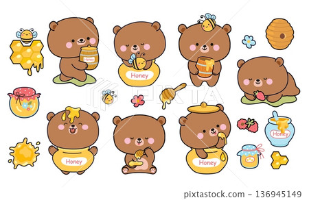 Funny bear and honey. Kawaii bears, bee, honeycombs. Natural sweet dessert in jars and barrel. Forest cute animals, raspberry, flowers, nowaday vector set Funny bear and honey. Kawaii bears, bee, honeycombs. Natural sweet dessert in jars and barrel. Forest cute animals, raspberry, flowers, nowaday vector set 136945149