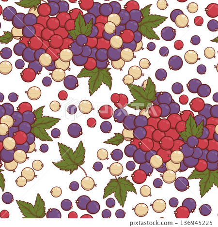 Seamless Pattern with Fresh Mixed Currant with Red, Black and White Berries. Harvest Top View of Eco Fruit with Green Leaves on Light Background. Square template. Vector Illustration Seamless Pattern with Fresh Mixed Currant with Red, Black and White Berries. Harvest Top View of Eco Fruit with Green Leaves on Light Background. Square template. Vector Illustration 136945225