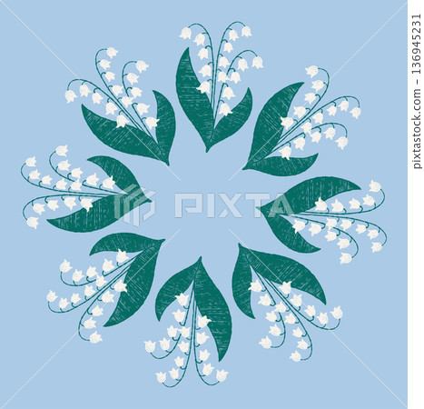Round Lily of the Valley Frame. Spring Floral Circle Ornament. Wreath May Flowers Crayon Textured Hand-drawn on blue background. Vector illustration 136945231
