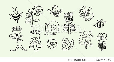 Outline Flowers, Garden and Insects Doodle. Botanical plants, bees, butterflies, snails, worms and berries collection. Isolated Textured hand drawing. Whimsical line art. Vector illustration. Not AI 136945239