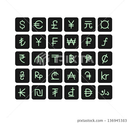 Different Types Currency Sign Thin Line Icon Labels Black Square Set. Vector Different Types Currency Sign Thin Line Icon Labels Black Square Set. Vector 136945383