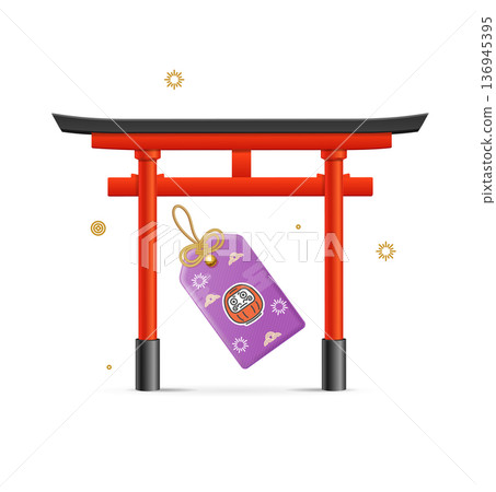 Japan Travel and Tourism Concept with Realistic 3d Japanese Traditional Red Torii Gate and Souvenir. Vector 136945395