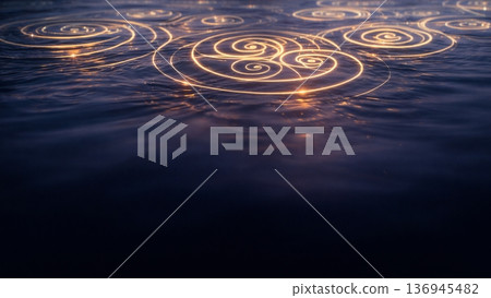 夜色水面背景，帶有金色漩渦圖案 136945482