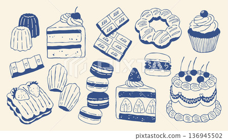Hand drawn dessert vector set with cakes, cupcakes, macarons, chocolate, pastries and sweets. Cute bakery illustrations in minimal doodle style, perfect for menus, packaging, branding and food design Hand drawn dessert vector set with cakes, cupcakes, macarons, chocolate, pastries and sweets. Cute bakery illustrations in minimal doodle style, perfect for menus, packaging, branding and food design 136945502