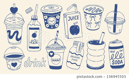 Cute hand drawn drink vector set featuring juice, smoothie, soda, and bottles. Minimal doodle beverage illustrations for cafe menus, packaging, branding, social media and food design projects Cute hand drawn drink vector set featuring juice, smoothie, soda, and bottles. Minimal doodle beverage illustrations for cafe menus, packaging, branding, social media and food design projects 136945503