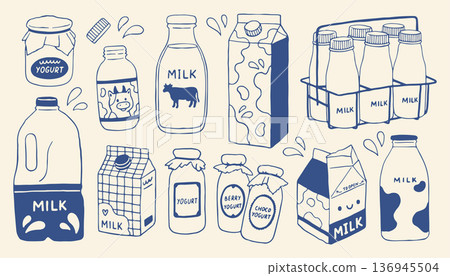 Hand drawn dairy vector set with milk bottles, cartons, yogurt jars and dairy packaging. Cute minimal doodle illustrations perfect for food branding, organic product, packaging, label, grocery design 136945504