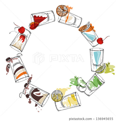 Soda lemonade, fruit and citrus juice, alcoholic beverages. Circular wreath of bright shot glasses in mixed color. Hand drawn in ink for stickers, labels, packaging badges, event icons, cafe coasters. Soda lemonade, fruit and citrus juice, alcoholic beverages. Circular wreath of bright shot glasses in mixed color. Hand drawn in ink for stickers, labels, packaging badges, event icons, cafe coasters. 136945655