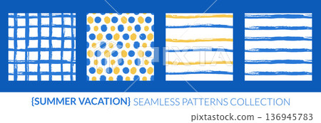 Summer seamless pattern collection. Blue and yellow stripes brush stroke, playful polka dots and gingham grid for mediterranean coastal theme. Wavy abstract streak backdrops set. Vector lines pattern 136945783