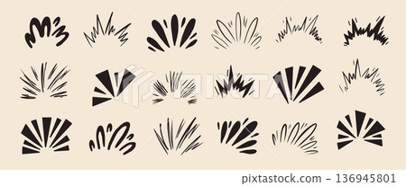 Ink drawn star sparkles with comic twinkle rays and burst effects. Hand-drawn graphic elements add playful energy, perfect for manga illustrations and dynamic design. Vector firework set isolated 136945801