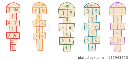 Hop scotch game chalk drawn set. Kids kindergarten pastel crayon elements set isolated on transparent background. Hopscotch children playground outdoor entertainment. Vector colorful illustration 136945820