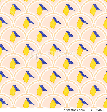 Scallop seamless pattern pencil scribble lemons. Pastel pink summer fruit design for textiles, kitchen decor, Mediterranean-inspired print. Vector arch naive hand drawn fresh citrus fruits background 136945823